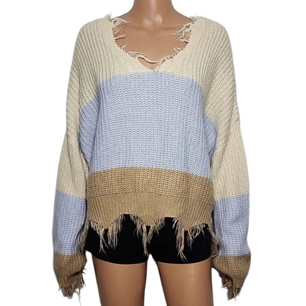 Polly & Esther Sweater Women's Size L Multicolor color block knit frayed sweater